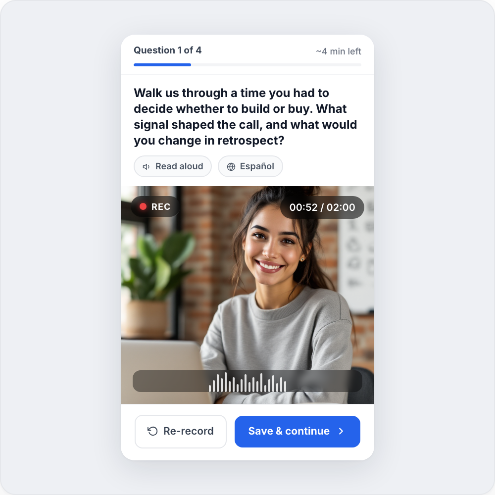 Mobile candidate experience for a startup one-way video interview