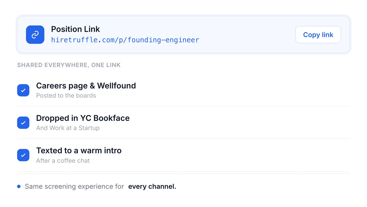 One Truffle Position Link for a founding engineer, posted across every hiring channel