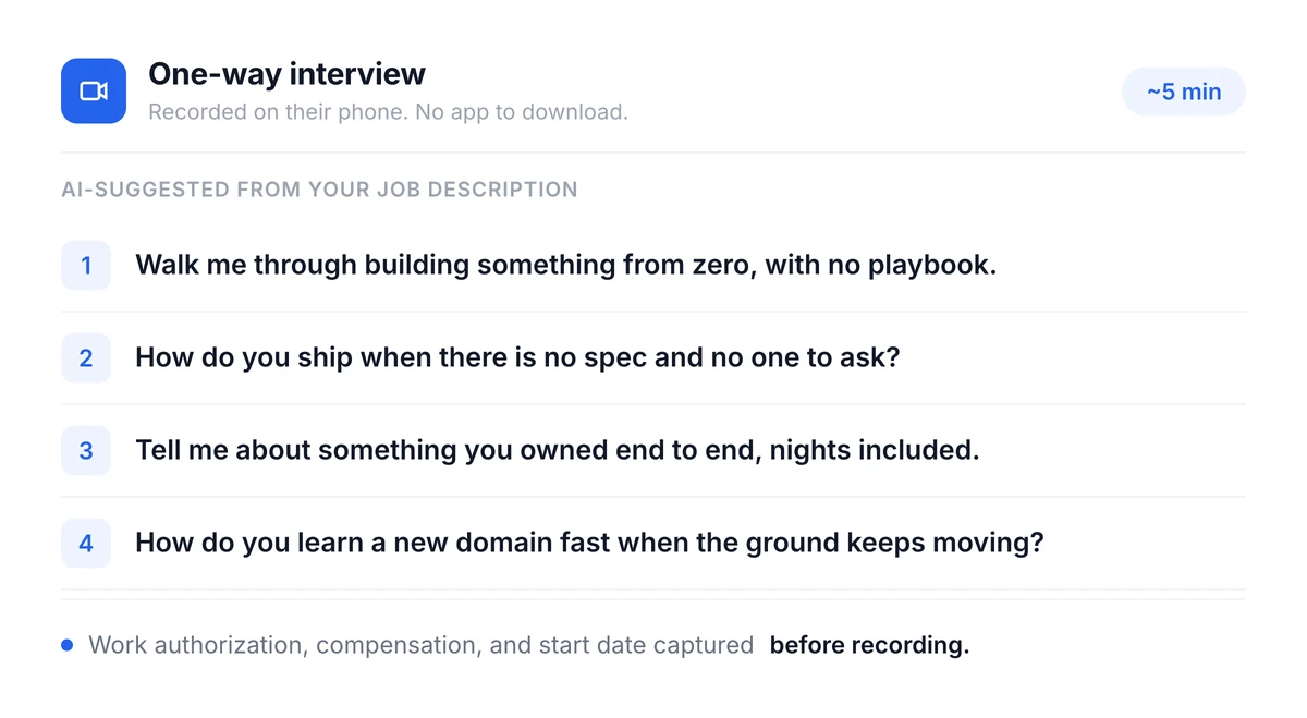 A one-way interview with four AI-suggested questions, recorded on the candidate's phone