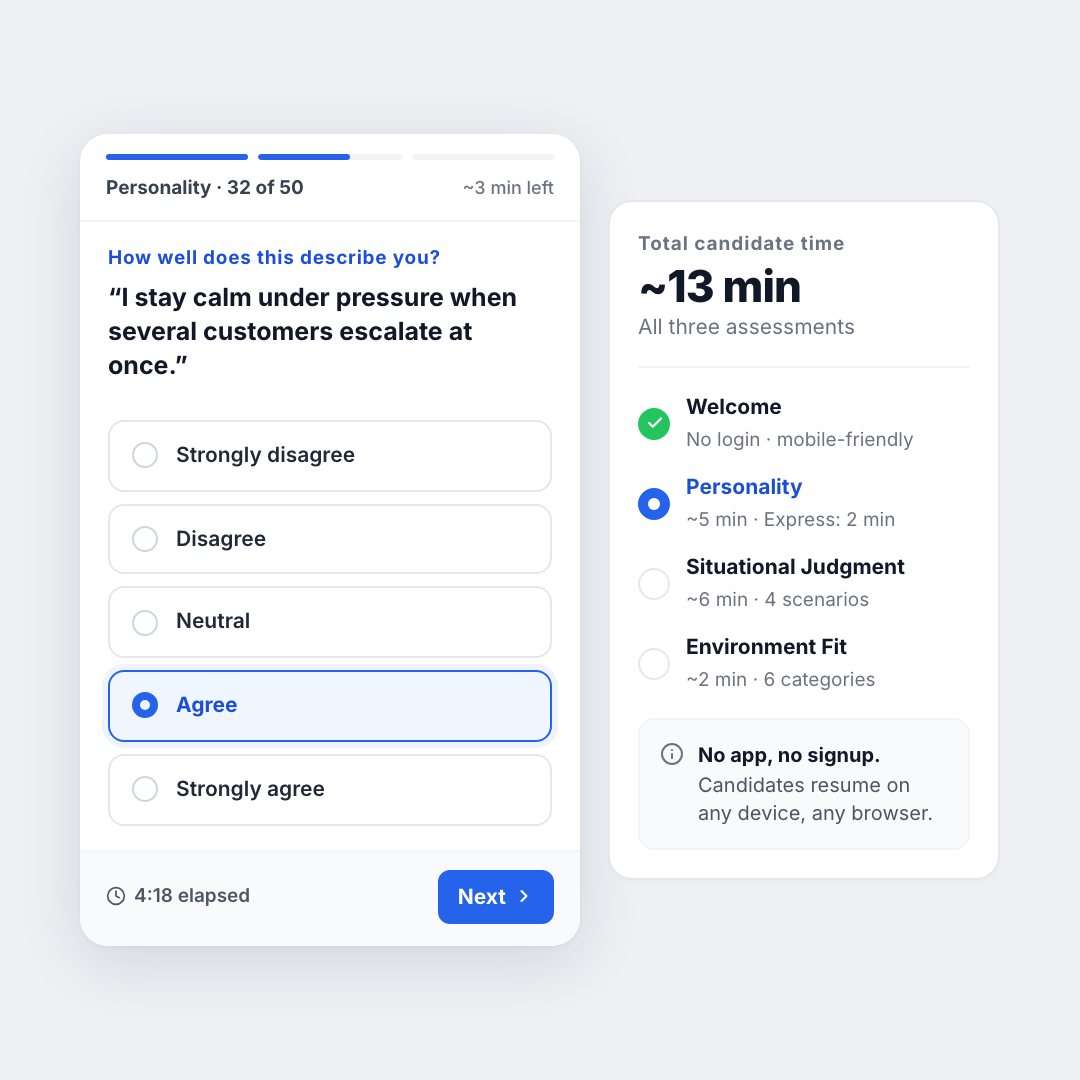 Truffle candidate-facing assessment experience on mobile with a Personality Likert prompt and a sidebar showing the three-assessment flow totaling about 13 minutes