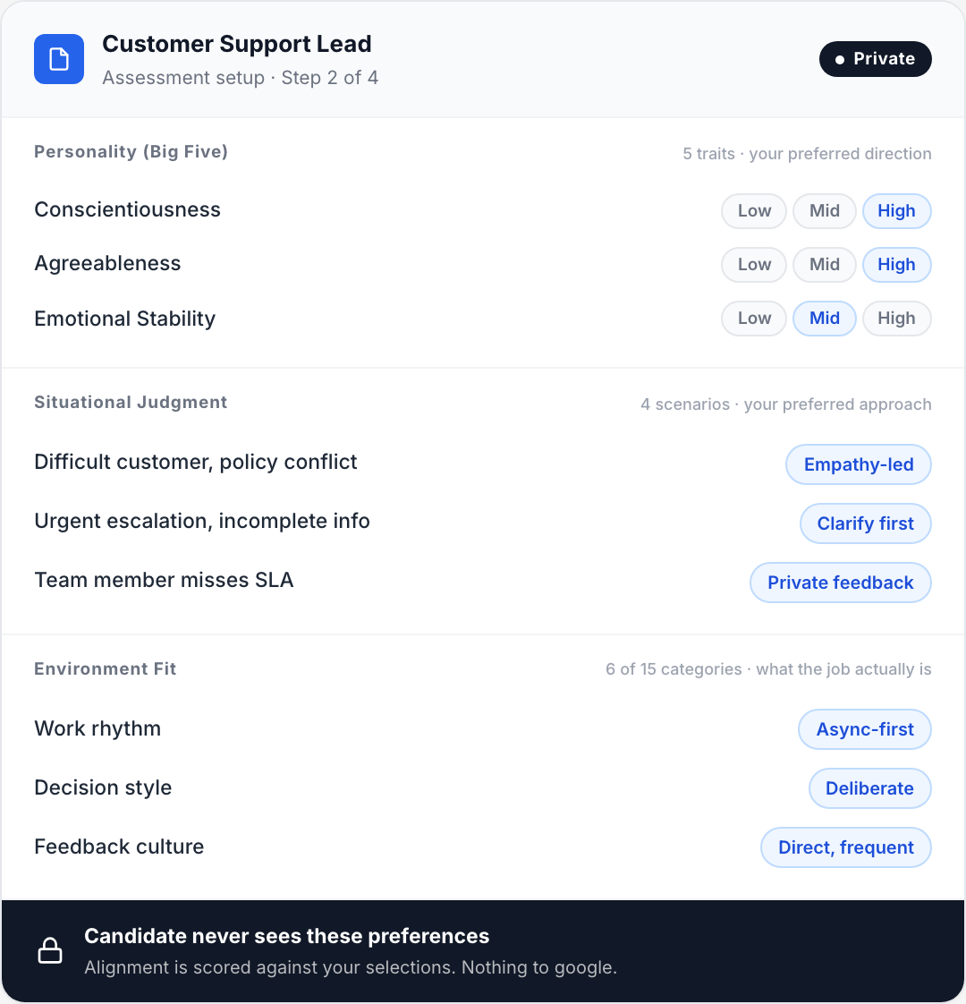 Truffle assessment intake preferences with role-specific criteria selection