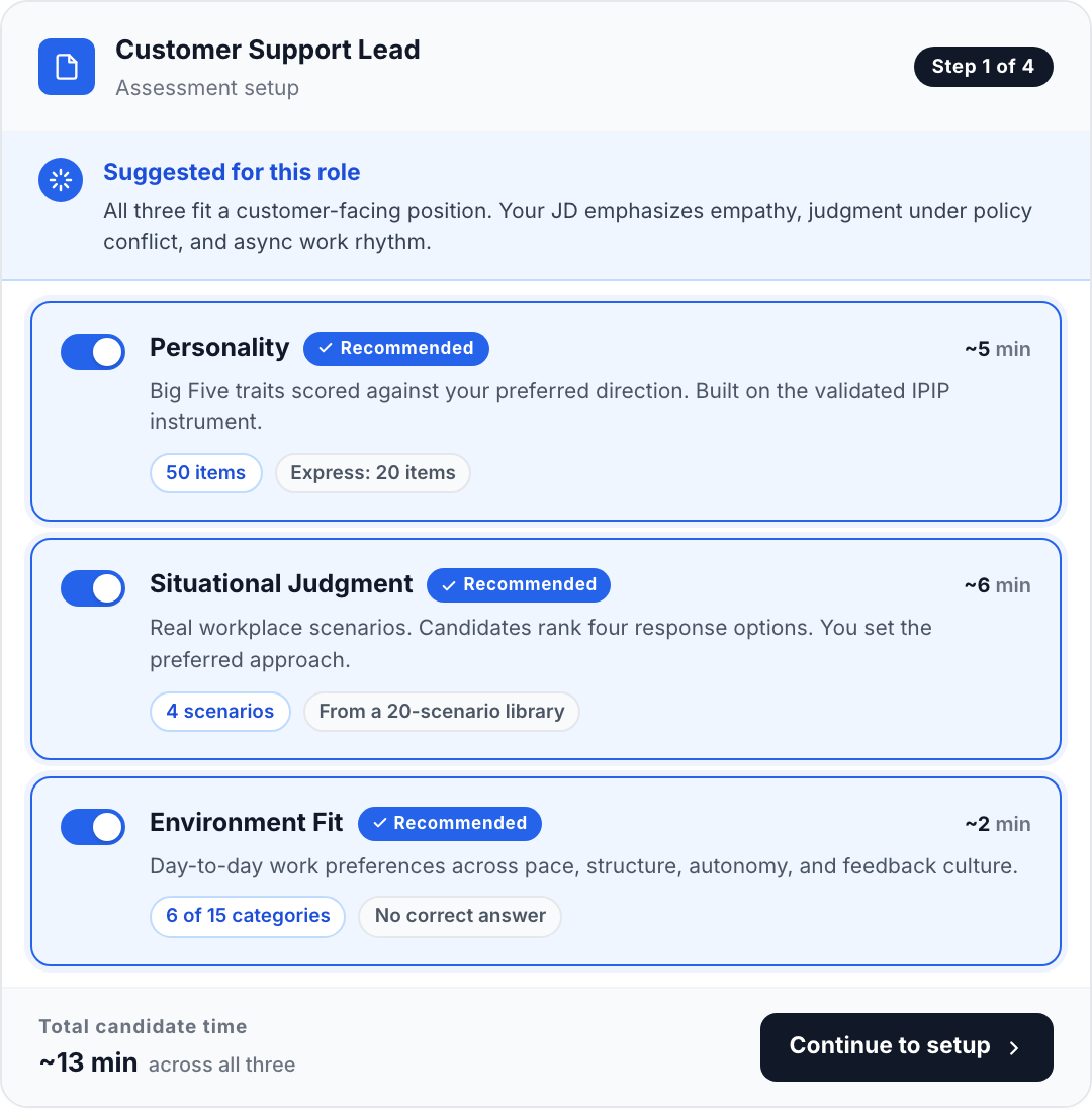 Truffle assessment selection screen with AI recommending Personality, Situational Judgment, and Environment Fit