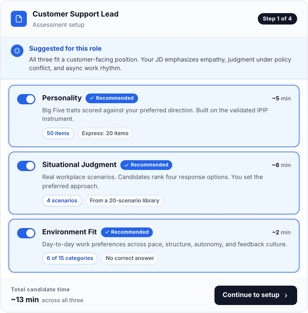 A Truffle assessment selection screen with AI recommending Personality, Situational Judgment, and Environment Fit for a property management role