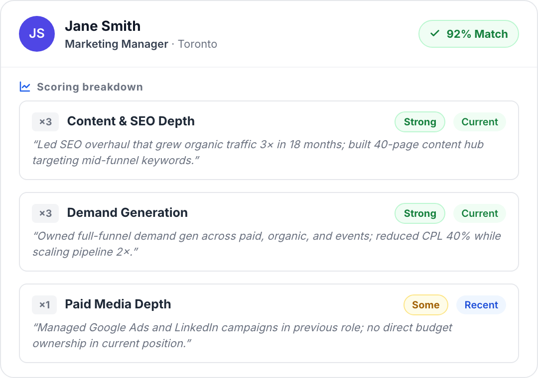 Resume Match scoring breakdown with per-dimension evidence classification and recency badges