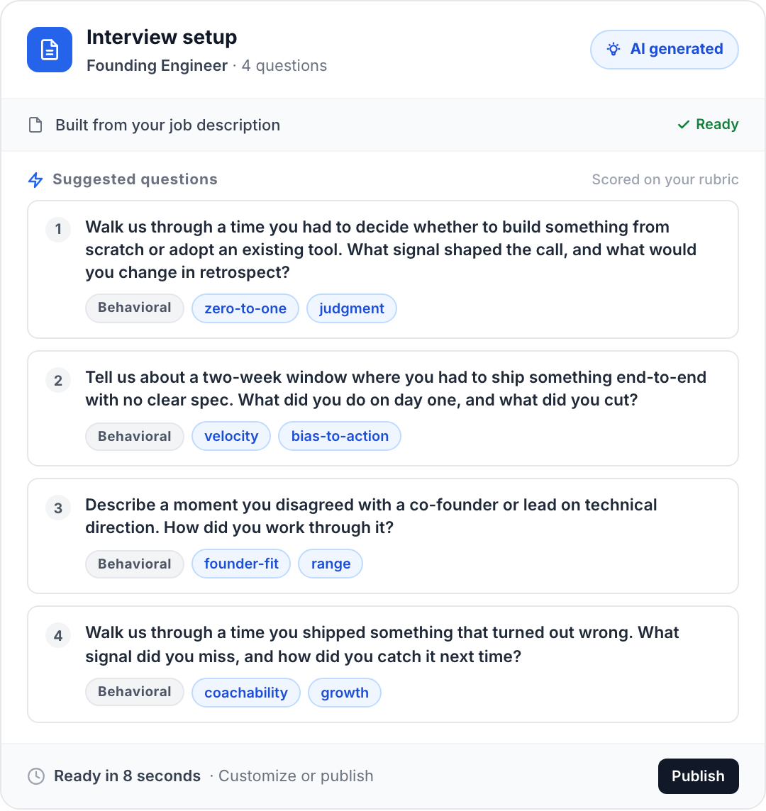 Position setup screen with AI-suggested questions and scoring rubric built from a job description