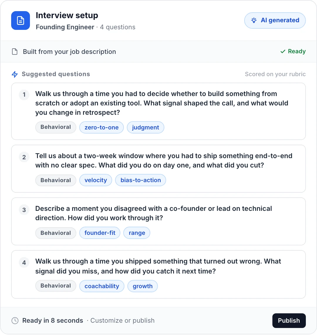 Position setup screen in Truffle showing AI-suggested one-way interview questions and a scoring rubric built from a job description