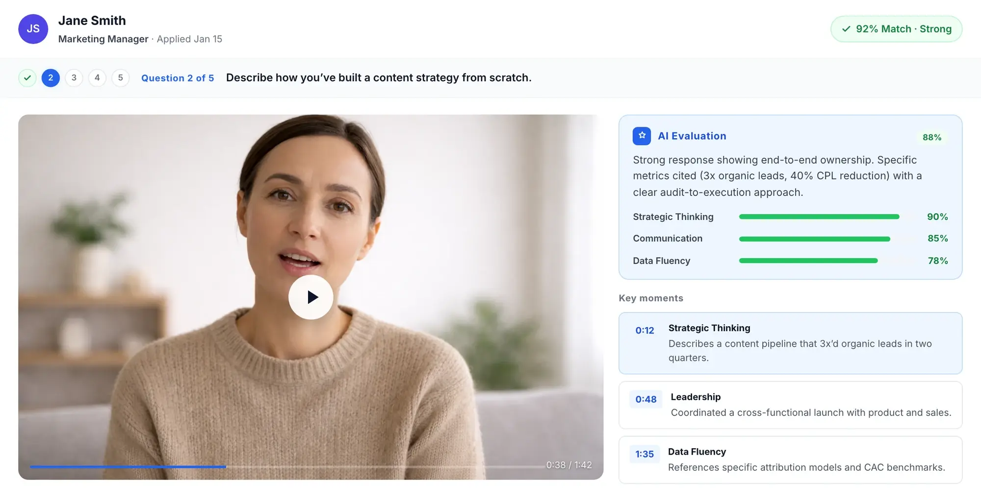 One-way video interview review in Truffle with transcript and match score.